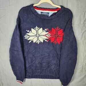 Tommy Hilfiger Men’s Sweater Large L Blue Snowflakes Holiday Cotton Wool